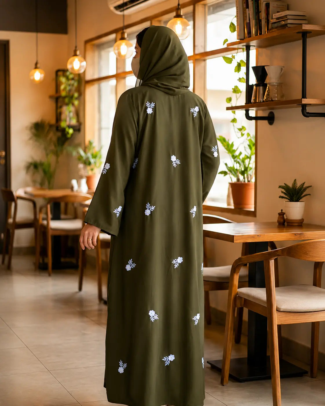 Abaya Dark Green With White Floral Embroidery Work
