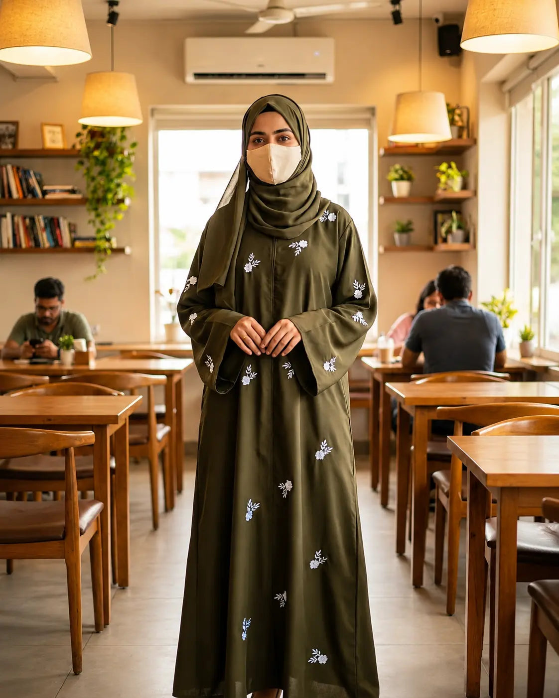 Abaya Dark Green With White Floral Embroidery Work