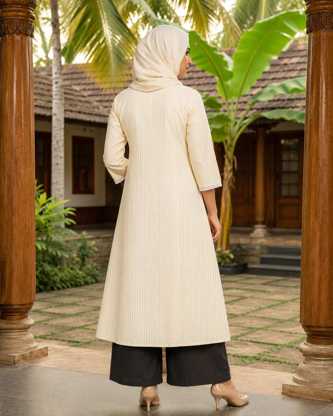 A- line kurti ( gold metallic vertical stripes)
