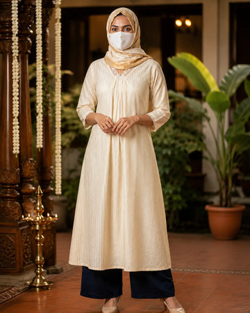 A- line kurti ( gold metallic vertical stripes)